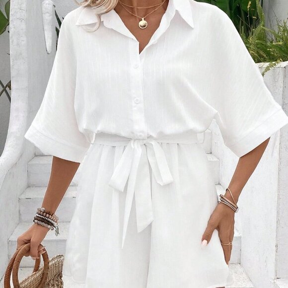 White Casual Women's Summer Solid Color Shirt Jumpsuit - Picture 3 of 5